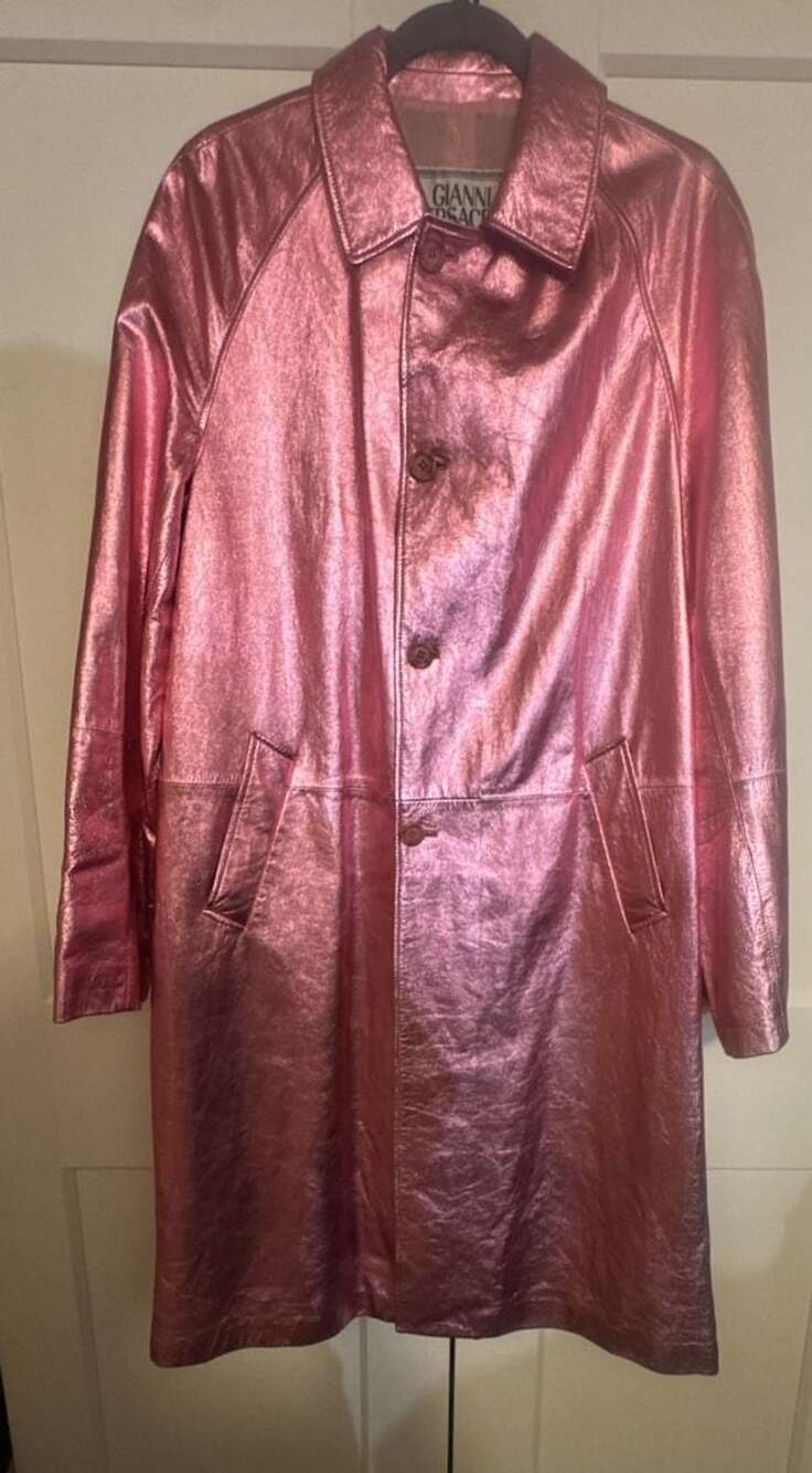 Gianni Versace Pink Metallic 100% Leather Long Coat Jacket